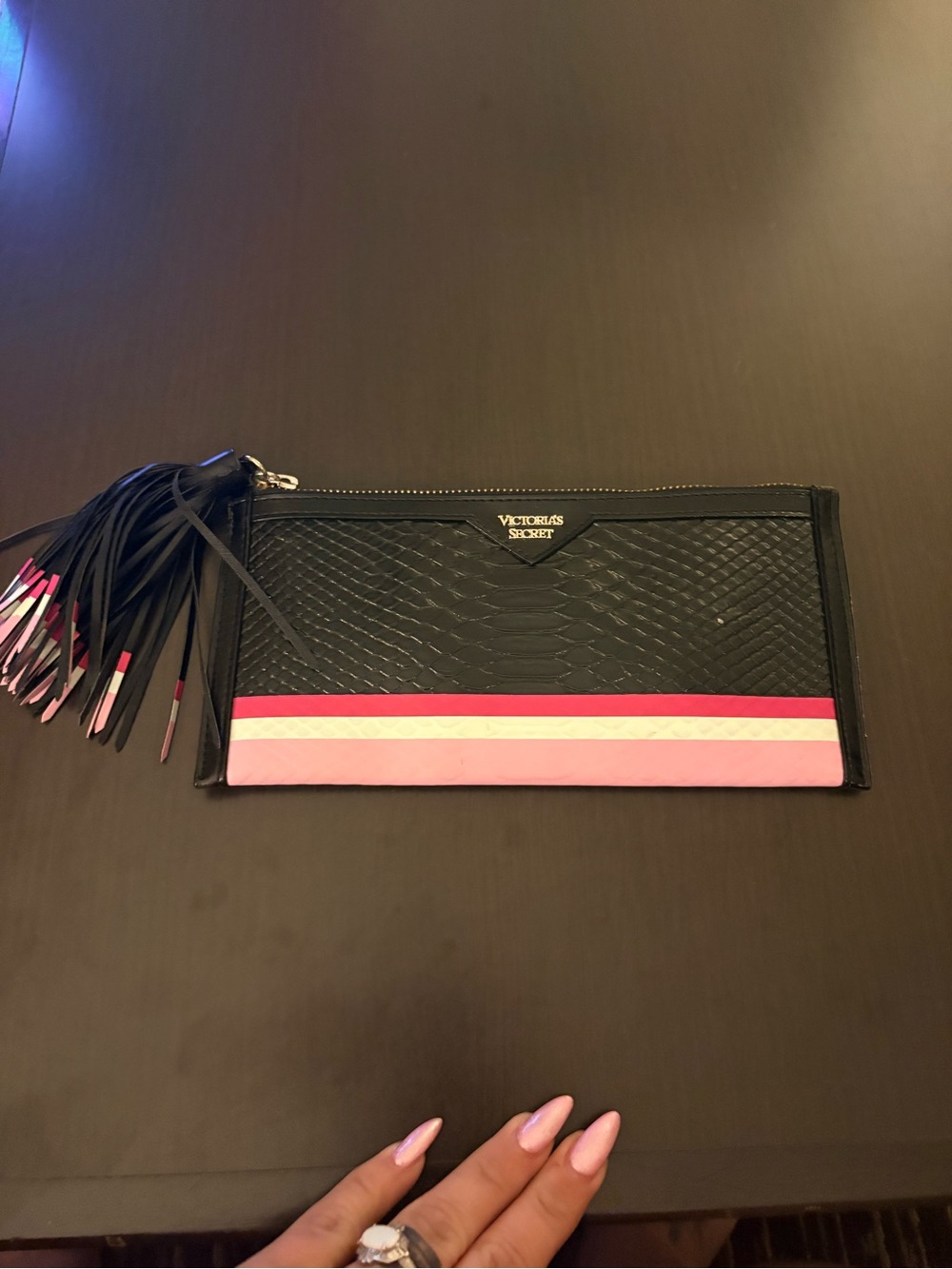 Victoria's Secret Black Clutch with Pink and White Stripes